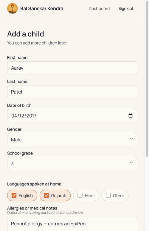 The child form showing first name, last name, date of birth, gender, school grade and languages spoken at home.