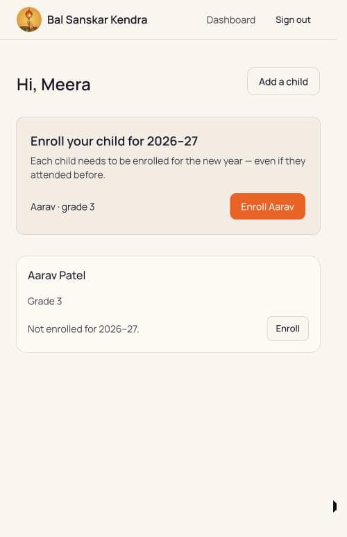 The dashboard listing a child who is not yet enrolled, with an Enroll button beside their name.