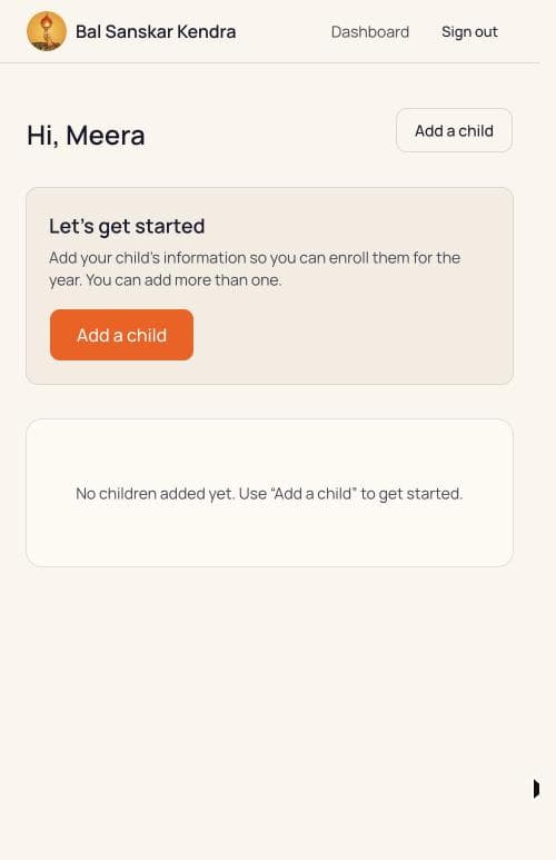 The dashboard just after registering, with a Let us get started panel and an Add a child button.