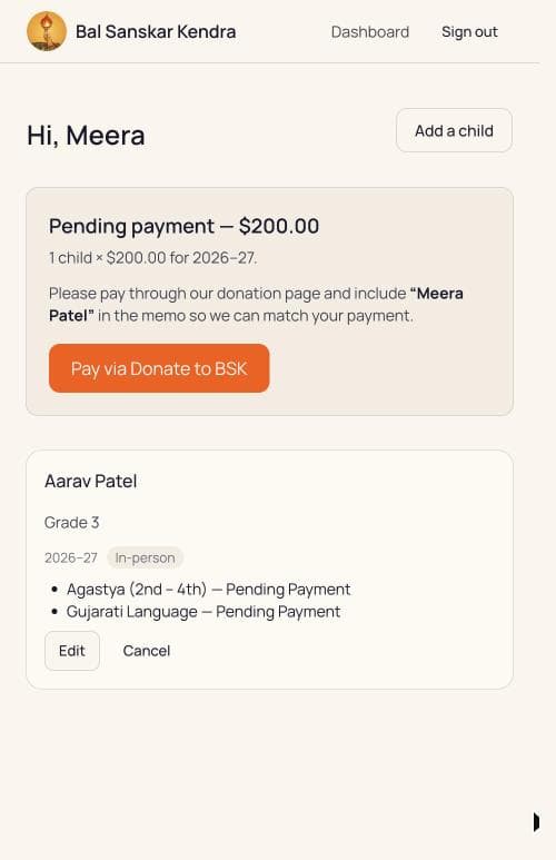 The dashboard showing an amount pending, an instruction to put your name in the memo, and a button to the donation page.