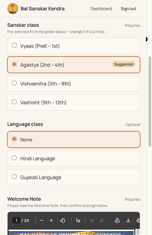 The list of Sanskar classes with one marked Suggested, followed by the optional language class choices.