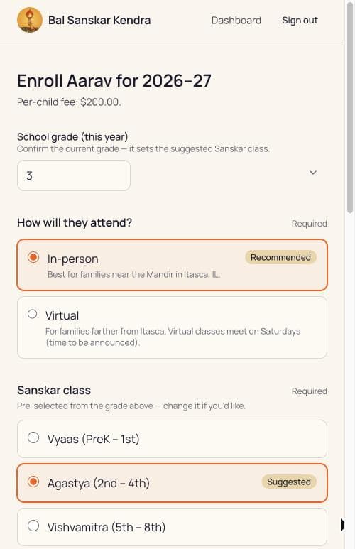 The enrollment page showing the school grade and the choice between attending in person or virtually.
