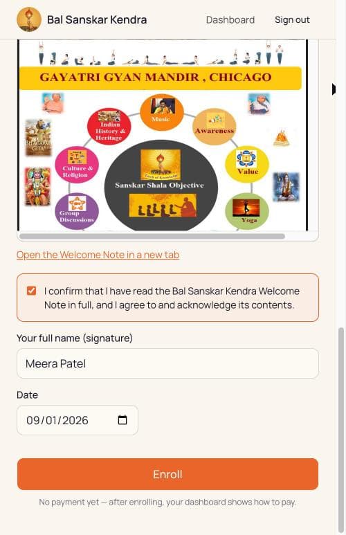 The Welcome Note shown in the page, a box to tick to agree, a signature field, a date, and the Enroll button.