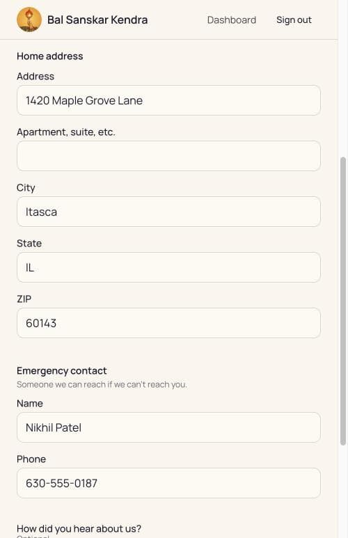 The home address and emergency contact sections of the family form, filled in.