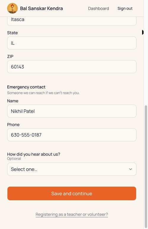 The bottom of the family form, with the Save and continue button and a small teacher or volunteer link beneath it.