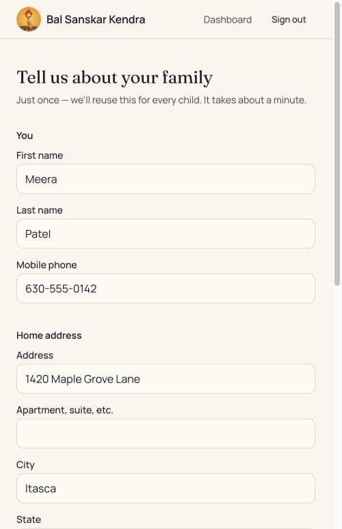 The top of the family form, showing First name, Last name and Mobile phone fields filled in.