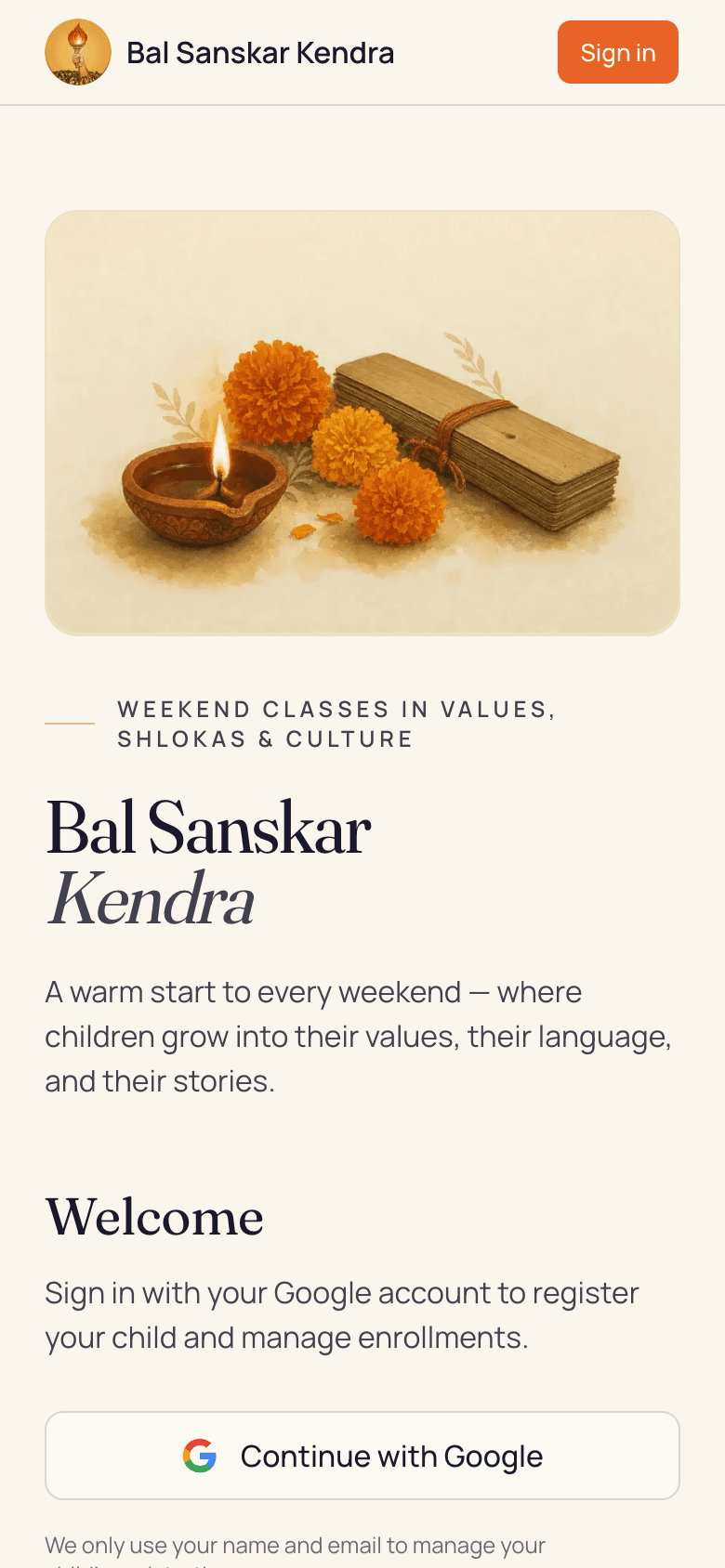 The Bal Sanskar Kendra sign-in page, with a Continue with Google button below a welcome message.