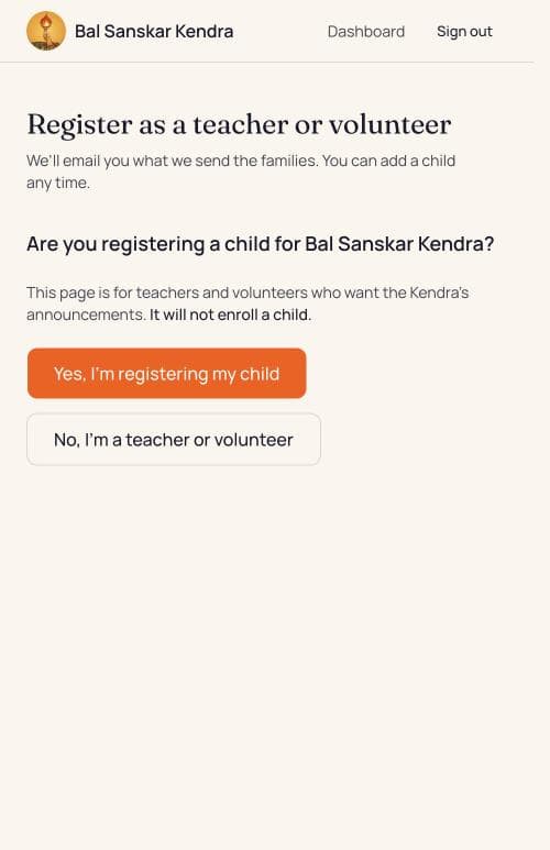 A screen asking whether you are registering a child, with a Yes button and a No button, and a warning that this page will not enroll a child.
